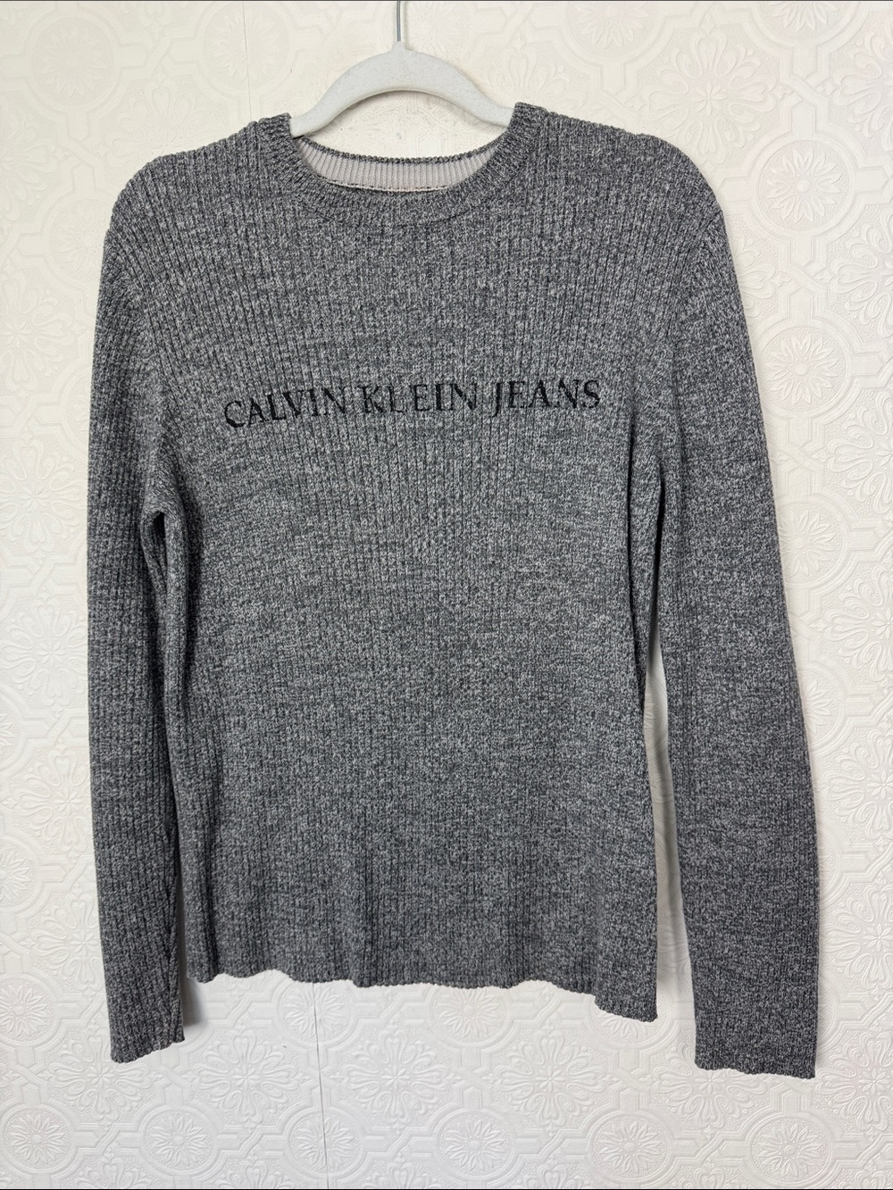 Y2K Calvin Klein Jeans Gray Ribbed Logo Sweater Size Medium